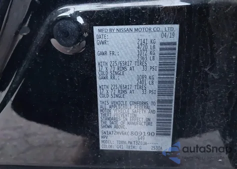 2019 Nissan Rogue S z USA, uszkodzony, nr VIN 5N1AT2MV6KC809190